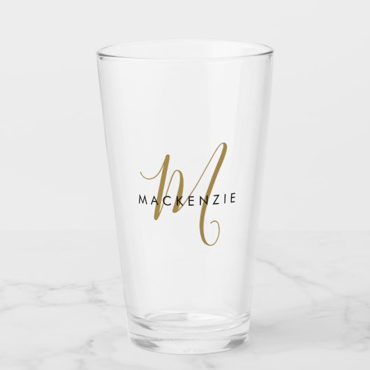 Elegantes, modernes Gold Script Monogram Glas (Vorderseite)