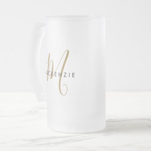 Elegantes, modernes Gold Script Monogram Mattglas Bierglas (Vorderseite Links)