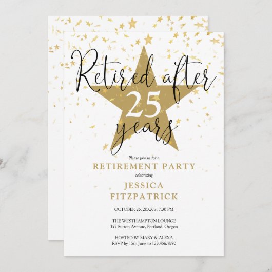Elegantes, modernes Gold Stars Rente Party Einladung (Vorne/Hinten)