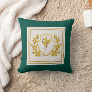 Elegantes modernes goldenes Kranich-Wappen Smaragd Kissen