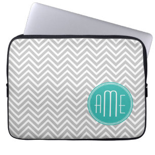 Elegantes modernes graues Chevron und Mint-Monogra Laptopschutzhülle