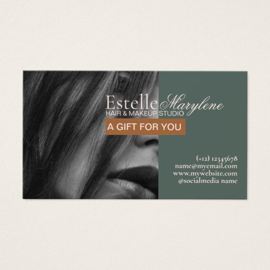 Elegantes, modernes Green Brown Foto Haarstudio (Vorderseite)