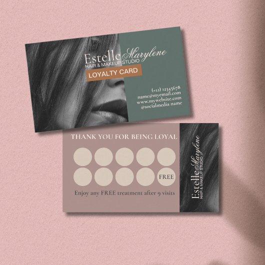 Elegantes, modernes Green Brown Foto Haarstudio Treuekarte