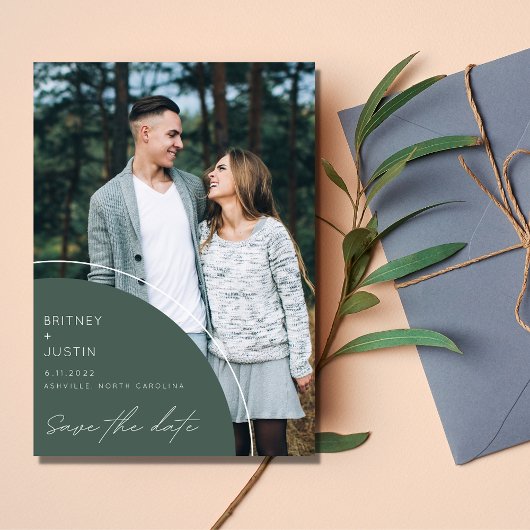 Elegantes modernes grünes Foto Hochzeit rettet das Save The Date