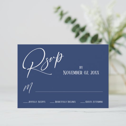 Elegantes, modernes Handwriting Simple Navy Blue RSVP Karte (Stehend Vorderseite)