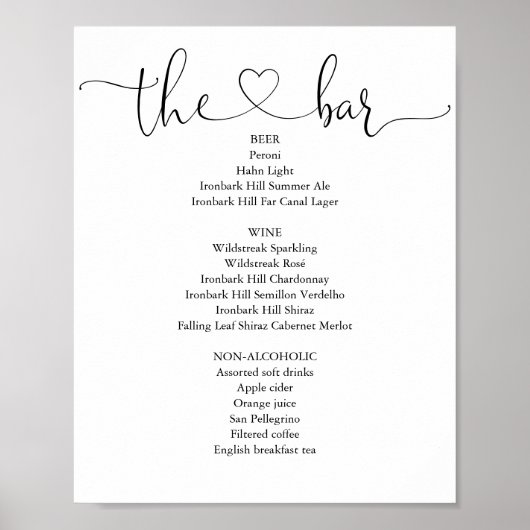 Elegantes, modernes Heart Script-Bar Menu Poster (Vorne)