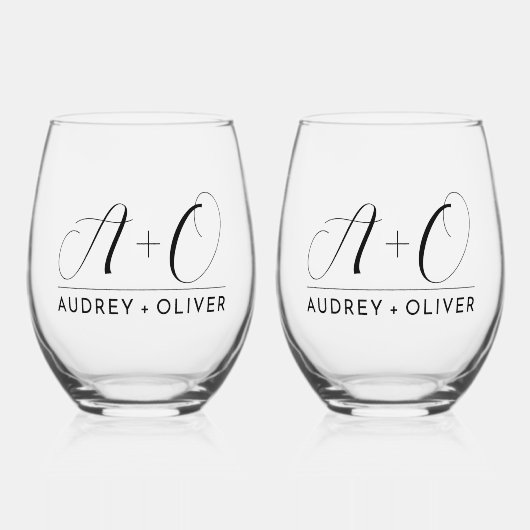 Elegantes, modernes Hochzeitmonogramm Weinglas Ohne Stiel (Vorderseite)