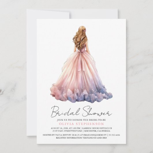 Elegantes modernes Hochzeitskleid-Brautparty Einladung (Vorderseite)