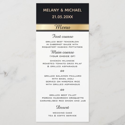 Elegantes modernes Hochzeitsmenü mit Schwarz-weiße Menükarte (Vorderseite)
