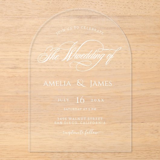 Elegantes modernes Hochzeitsskript-Design Acryleinladungen (Vorderseite)