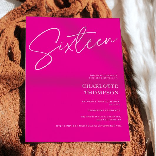 Elegantes, modernes Hot-Rosa Foto Sweet 16 Einladung