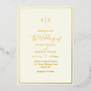 Elegantes, modernes Ivory Monogram Wedding Gold Folieneinladung