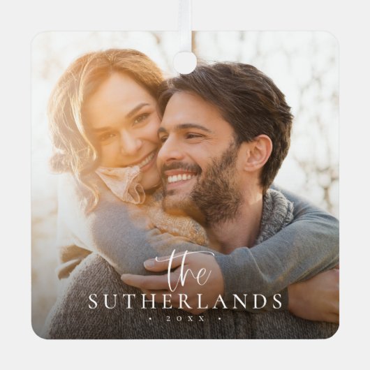 Elegantes, modernes Kalligrafie Weihnachtsfamilie Ornament Aus Metall (Vorderseite)