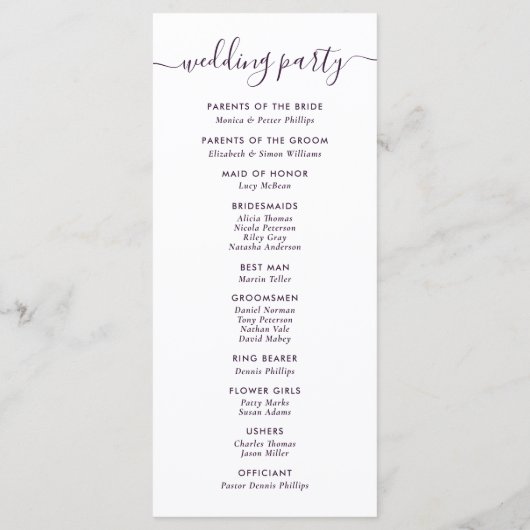 Elegantes modernes Lila Hochzeitsprogramm Programm (Rückseite)