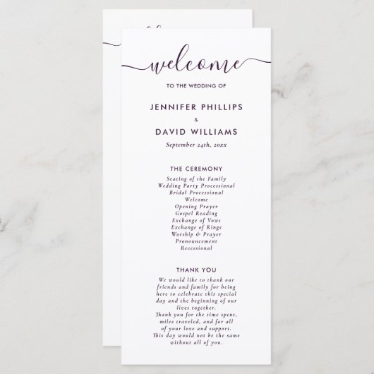 Elegantes modernes Lila Hochzeitsprogramm Programm (Vorne/Hinten)