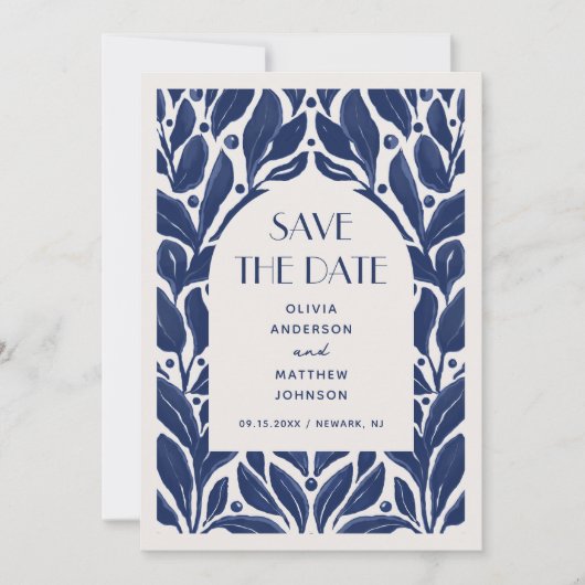 Elegantes, modernes marineblaues Muster Save The Date (Vorderseite)