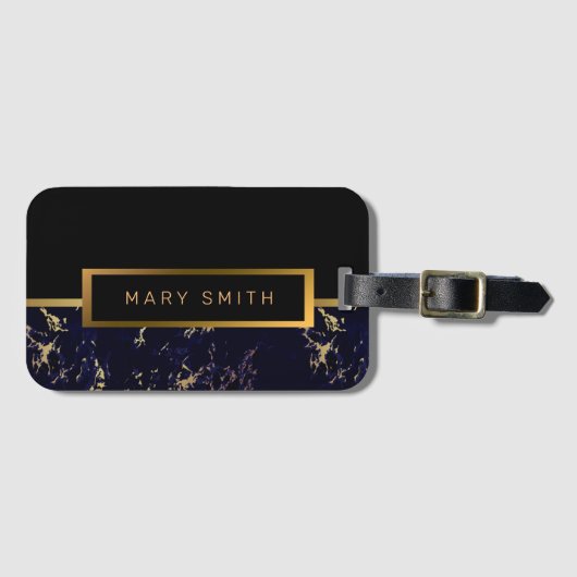 Elegantes, modernes Marmorschwarz Gold Gepäckanhänger (Vorderseite (Horizontal))