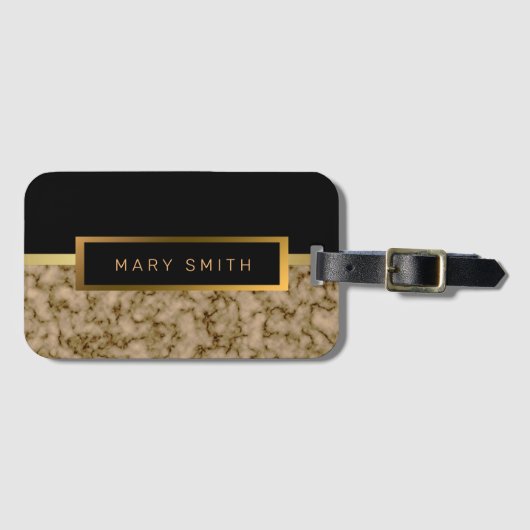 Elegantes, modernes Marmorschwarz Gold Gepäckanhänger (Vorderseite (Horizontal))