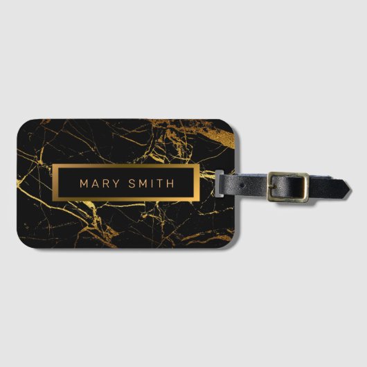 Elegantes, modernes Marmorschwarz Gold Gepäckanhänger (Vorderseite (Horizontal))