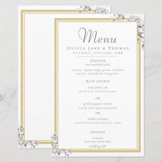 Elegantes, modernes Menü mit floralen Goldrahmen (Vorne/Hinten)