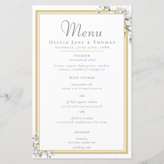 Elegantes, modernes Menü mit floralen Goldrahmen (Vorderseite)