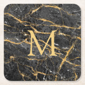 Elegantes, modernes Monogramm aus schwarzem Marmor Rechteckiger Pappuntersetzer (Vorderseite)