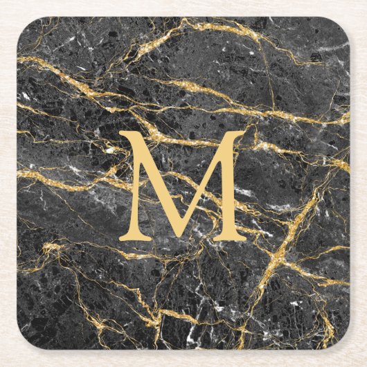 Elegantes, modernes Monogramm aus schwarzem Marmor Rechteckiger Pappuntersetzer (Vorderseite)