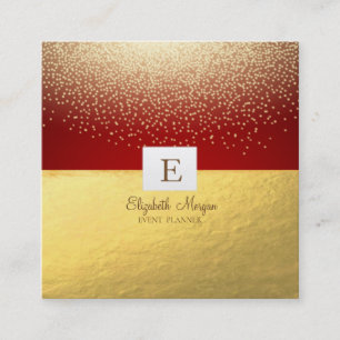 Elegantes modernes Monogramm Gold Konfetti, Rot Quadratische Visitenkarte