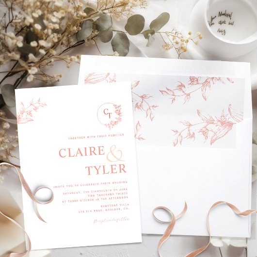 Elegantes, modernes Monogramm Rosa, Pfirsichhochze Einladung