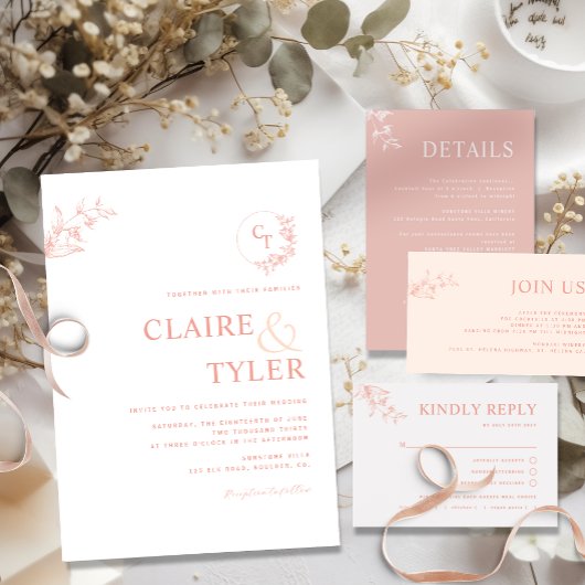 Elegantes, modernes Monogramm Rosa, Pfirsichhochze Einladung