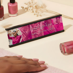 Elegantes modernes Nageldesigner-Skript Name Foto Schreibtischnamensplakette