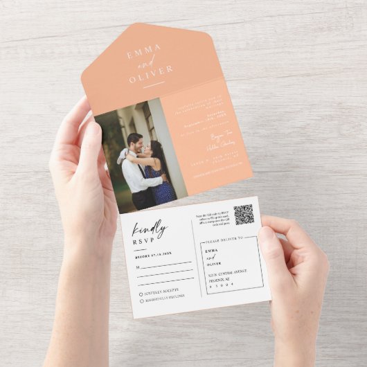 Elegantes modernes Peach Boho QR Code Foto UAWG All In One Einladung (Abreißen)