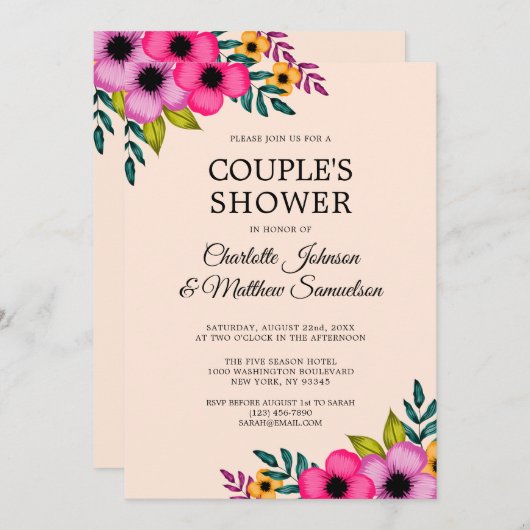 Elegantes, modernes Rosa Blumen Minimales Party Einladung (Vorne/Hinten)