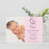 Elegantes modernes rosa Foto Taufe Einladung (Stehend Vorderseite)