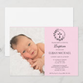 Elegantes modernes rosa Foto Taufe Einladung (Vorne/Hinten)