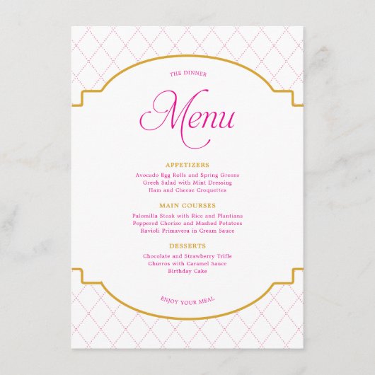 Elegantes modernes rosa goldenes Diamant-Muster Pa Menükarte (Vorderseite)