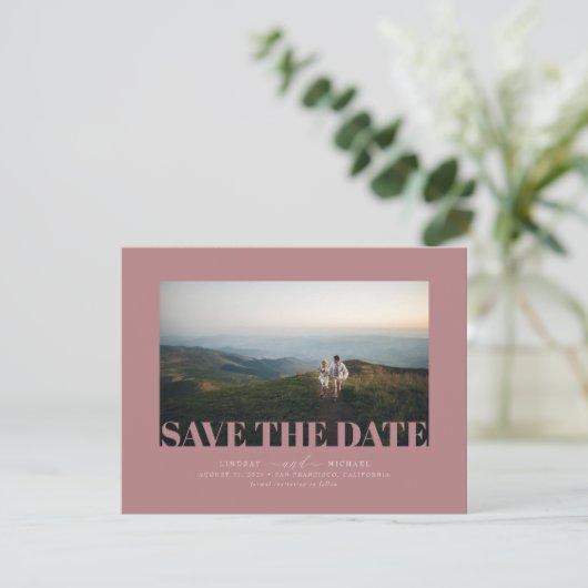 Elegantes modernes, rosa Save the Date Foto (Stehend Vorderseite)