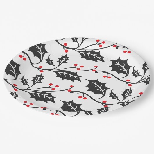 Elegantes modernes Rot-Schwarz-Holly-Muster Pappteller (Schrägansicht)