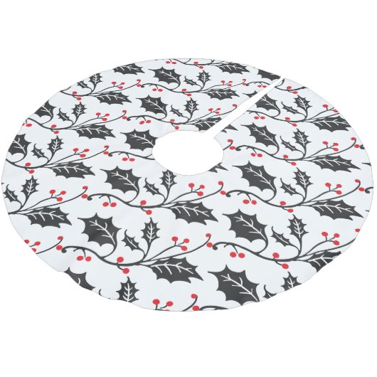 Elegantes modernes Rot-Schwarz-Holly-Muster Polyester Weihnachtsbaumdecke (Schrägansicht)