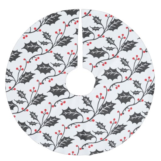 Elegantes modernes Rot-Schwarz-Holly-Muster Polyester Weihnachtsbaumdecke (Vorderseite)