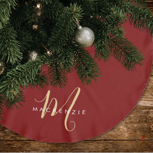 Elegantes modernes rotes Script Monogram Polyester Weihnachtsbaumdecke