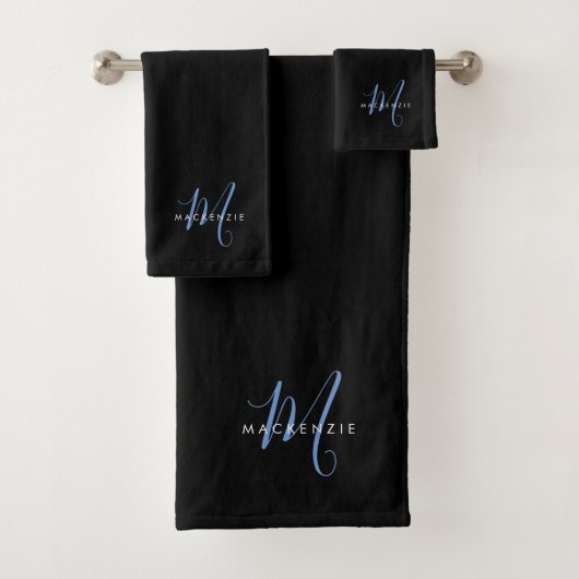 Elegantes, modernes Schwarz-Blau-Script-Monogramm Badhandtuch Set (Insitu)