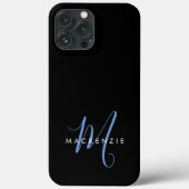 Elegantes, modernes Schwarz-Blau-Script-Monogramm Case-Mate iPhone Hülle (Rückseite)