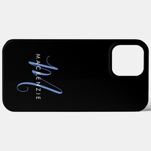 Elegantes, modernes Schwarz-Blau-Script-Monogramm Case-Mate iPhone Hülle (Rückseite (Horizontal))
