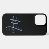 Elegantes, modernes Schwarz-Blau-Script-Monogramm iPhone Hülle (Rückseite (Horizontal))