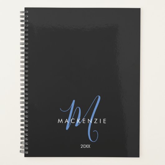 Elegantes, modernes Schwarz-Blau-Script-Monogramm Planer (Vorderseite)