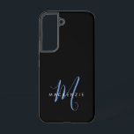 Elegantes, modernes Schwarz-Blau-Script-Monogramm Samsung Galaxy Hülle<br><div class="desc">Elegante moderne Black Blue Script Monogram Phone Case. Ein elegantes blaues Skript-Monogramm kombiniert mit einem weißen san-serif-Schriftart verleiht dem Ganzen einen zeitgemäßen Look.</div>