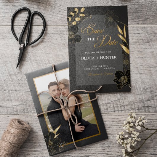 Elegantes modernes Schwarz-Gold-Blumen-Foto Save The Date