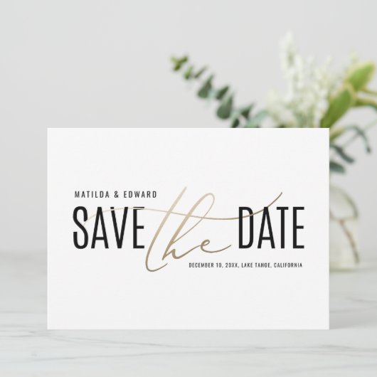 Elegantes modernes Schwarz-Gold Save the Date (Stehend Vorderseite)