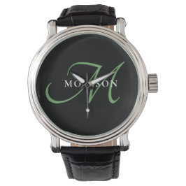 Elegantes, modernes Schwarz-Grün-Script-Monogramm Armbanduhr